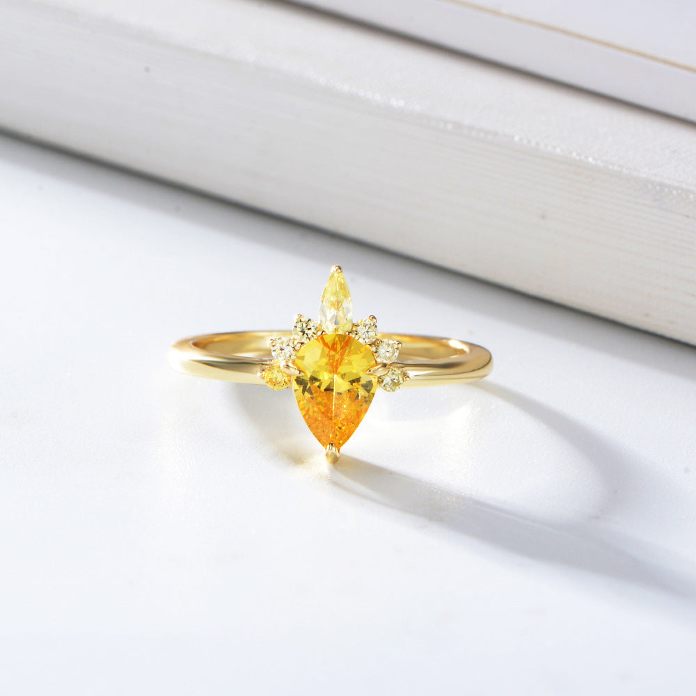 Yellow Zircon Water Droplet Crown Design Sterling Silver Ring