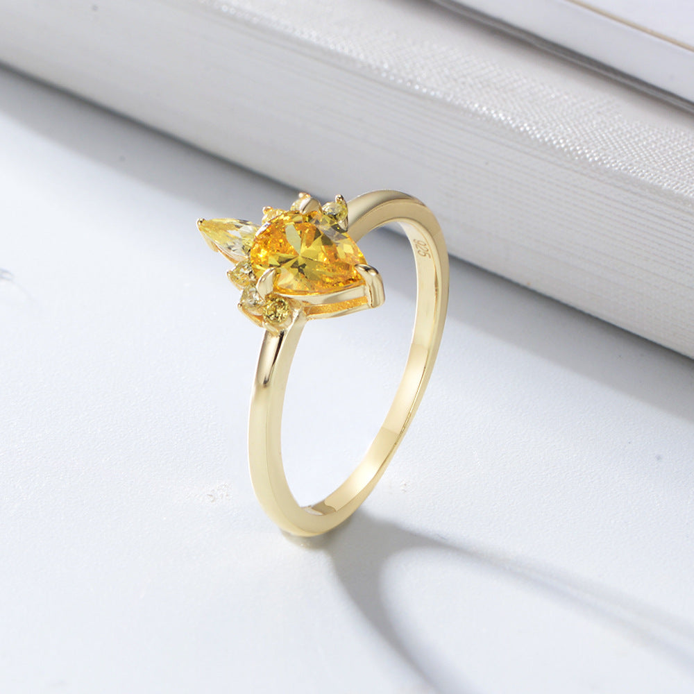 Yellow Zircon Water Droplet Crown Design Sterling Silver Ring