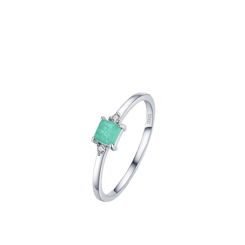 S925 Japanese Light Luxury Imitation Paraiba Tourmaline Temperament Women's Ring Personality Fresh and Sweet Ring Foreign Trade Jewelry
