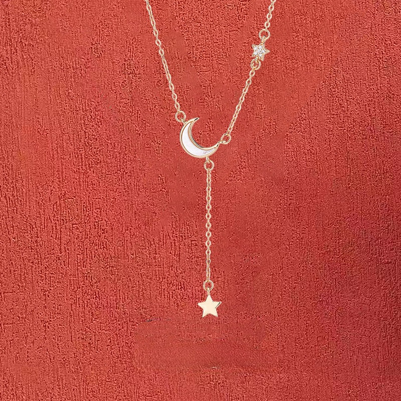 Mother of Pearl Moon with Star Tassel Silver Necklace for Women