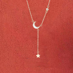 Mother of Pearl Moon with Star Tassel Silver Necklace for Women