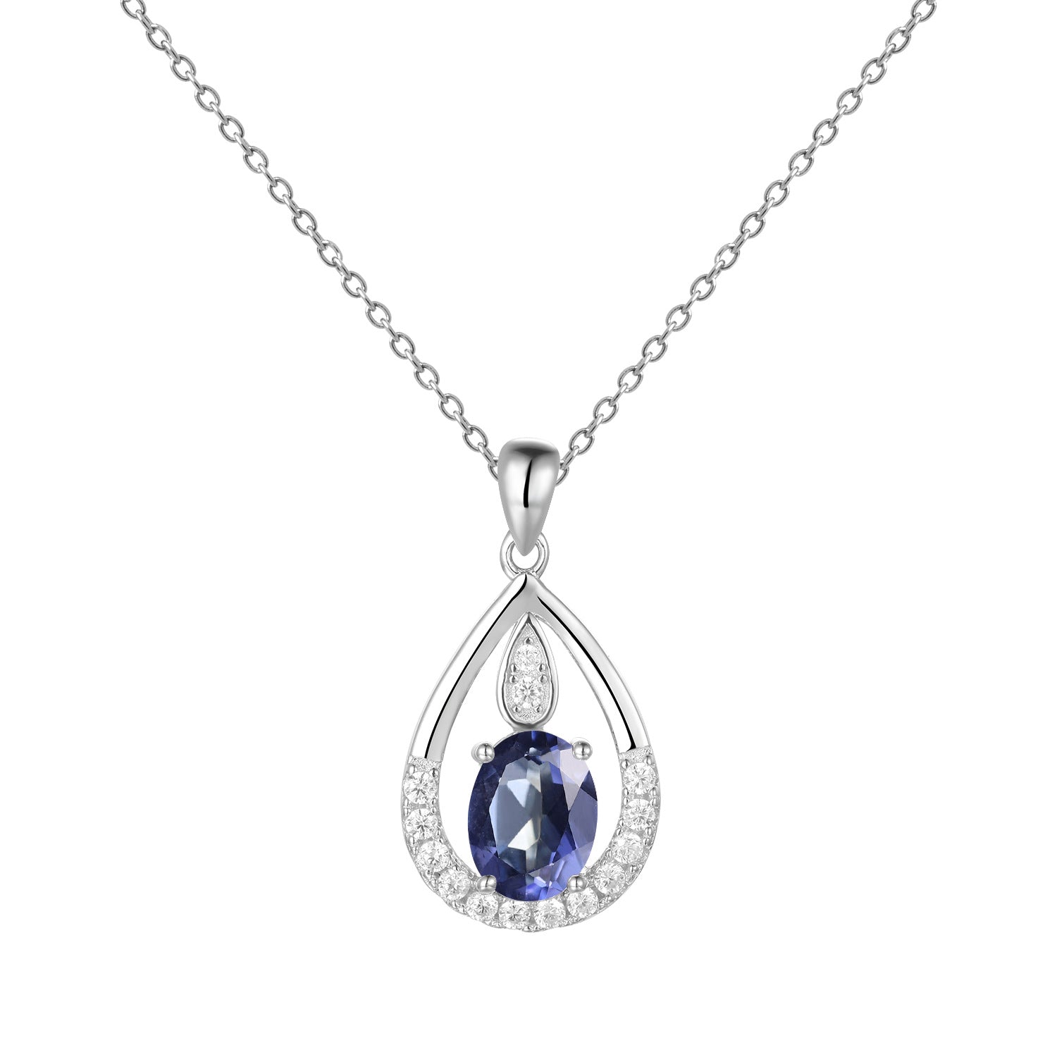 Water Droplet Pendant Oval Natural Gemstone Silver Necklace