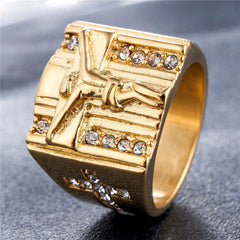 Golden Jesus Crucifix Zircon Titanium Steel Ring for Men