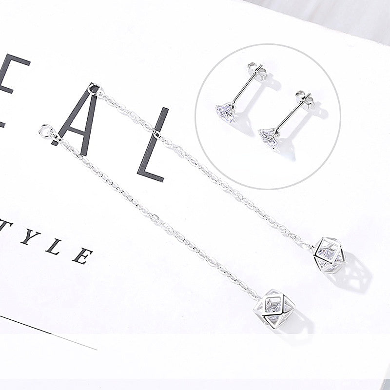 Two Wearing Rubik's Cube with Zircon Long Style Silver Drop Earrings for Women