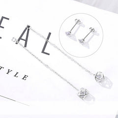 Two Wearing Rubik's Cube with Zircon Long Style Silver Drop Earrings for Women