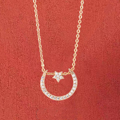 Zircon Crescent Moon with Star Silver Necklace for Women