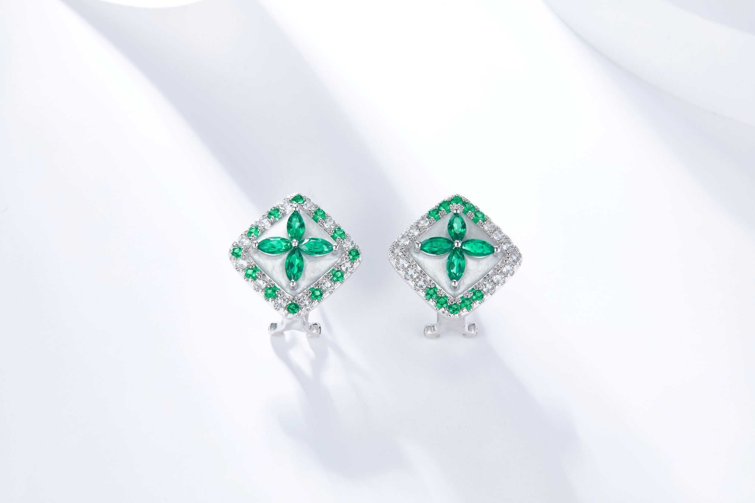 Green Topaz Cross Enamel Square Stud Earrings