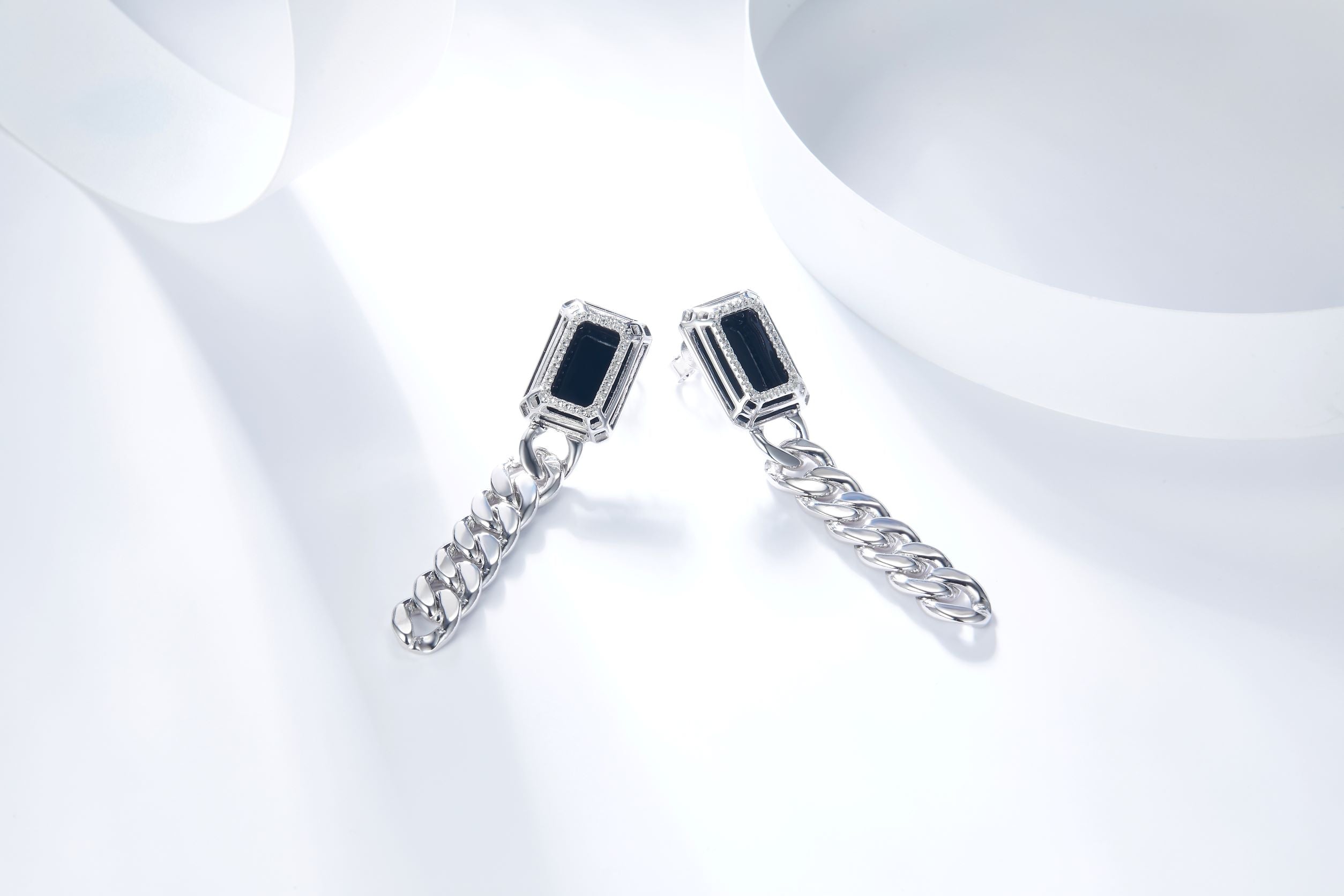 Silver Link Chain Enamel Earrings for Women