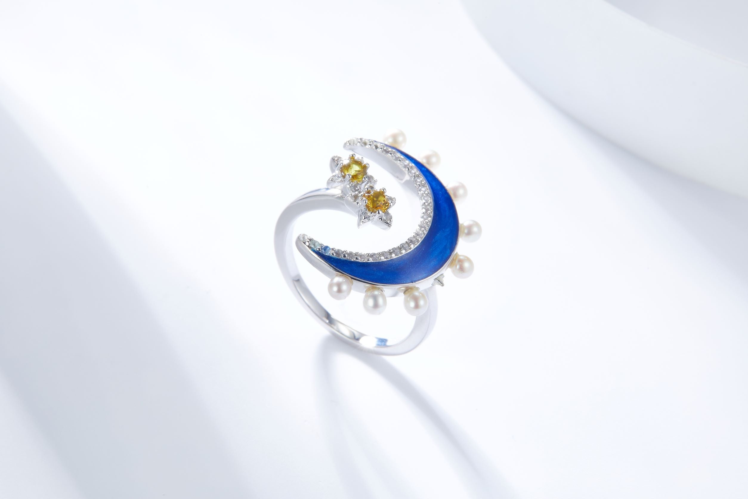 Moon Star with Pearl Blue Enamel Sliver Ring