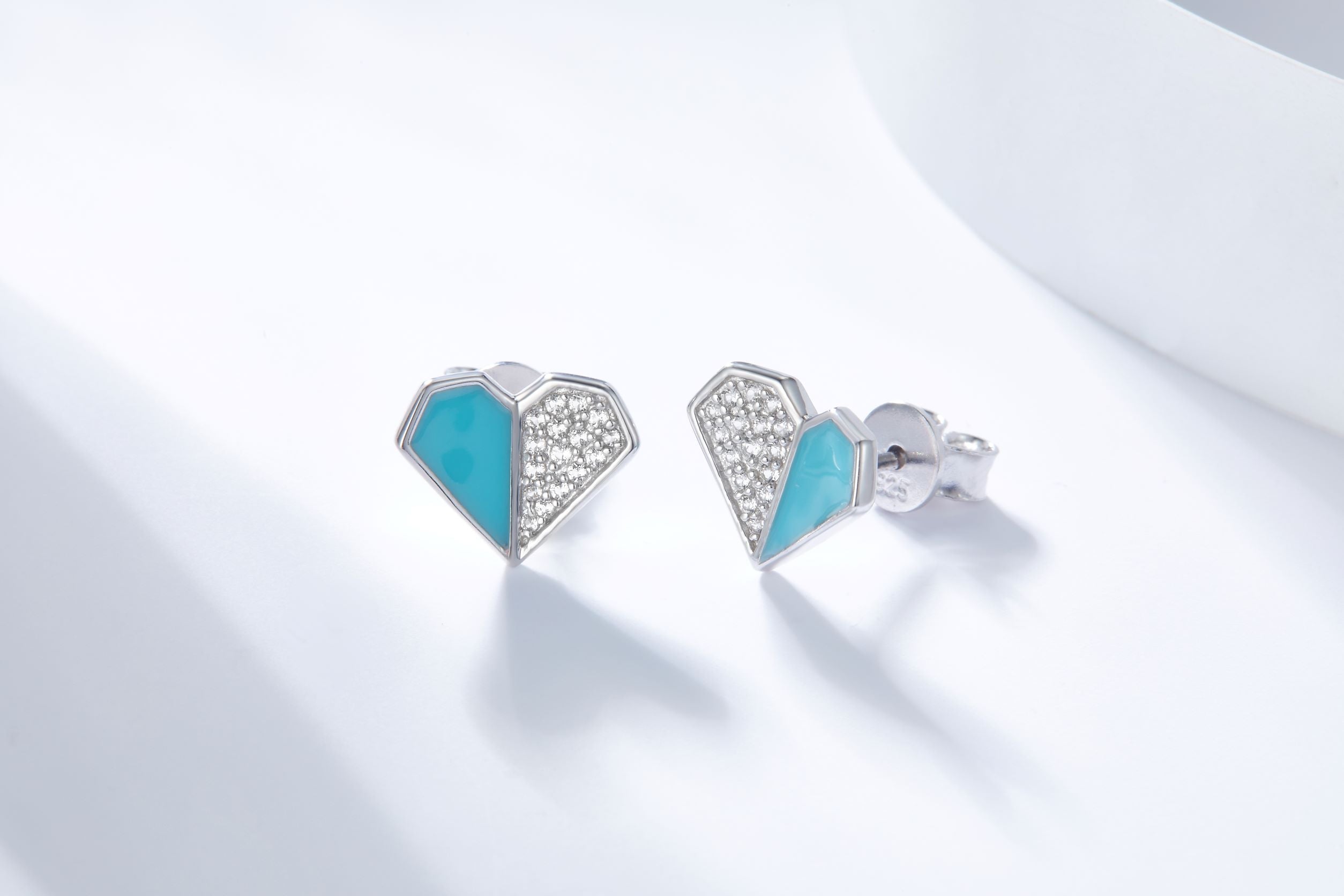 Blue Enamel Heart Silver Stud Earrings