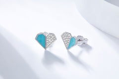 Blue Enamel Heart Silver Stud Earrings