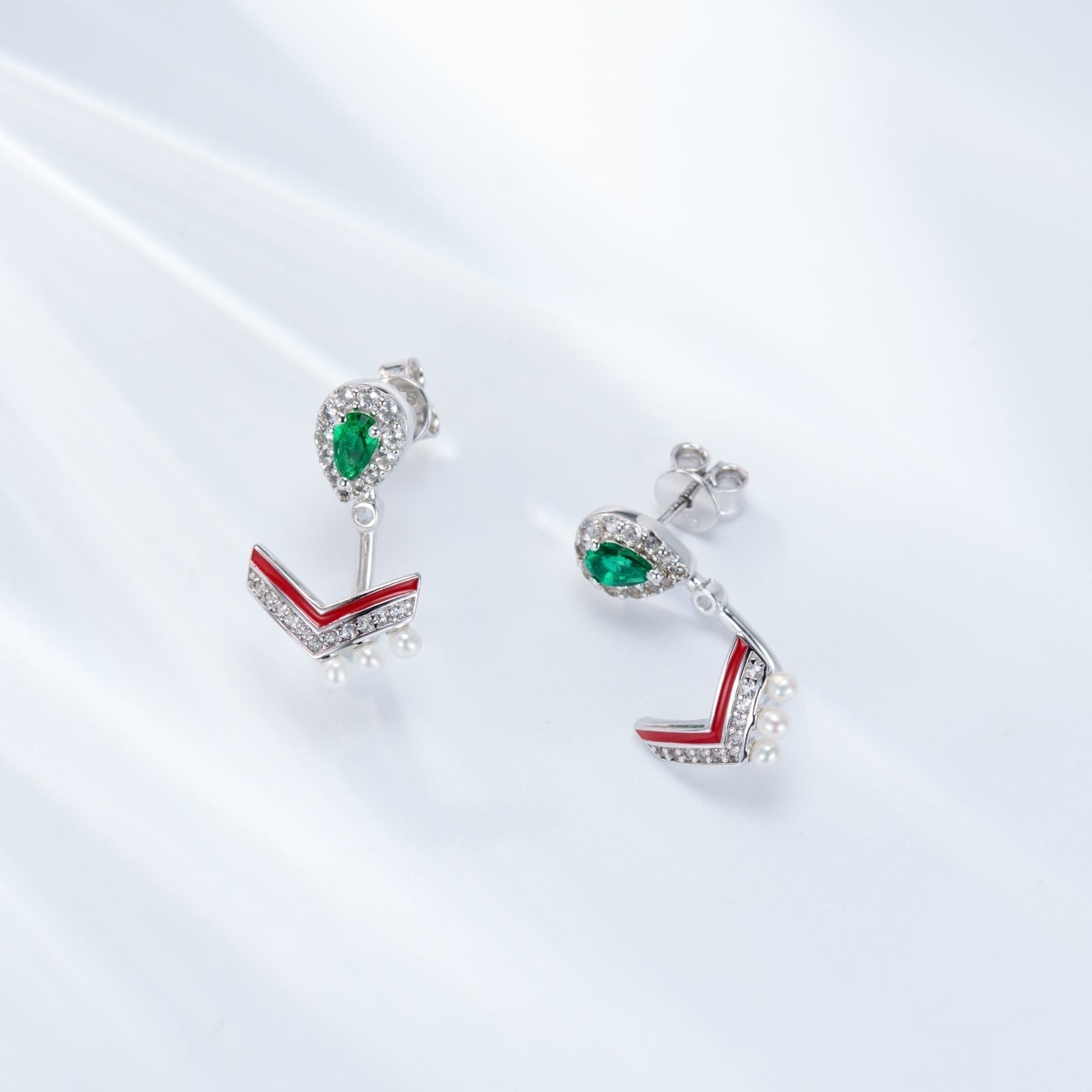 Green Spinel V Shape Pearl Enamel Drop Earrings