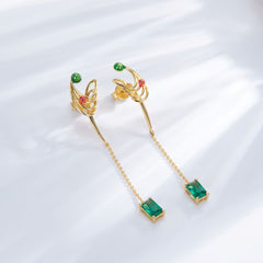 Rectangle Green Topaz Enamel Tassel Drop Earrings