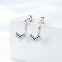 V Shape Pearl Enamel Drop Earrings