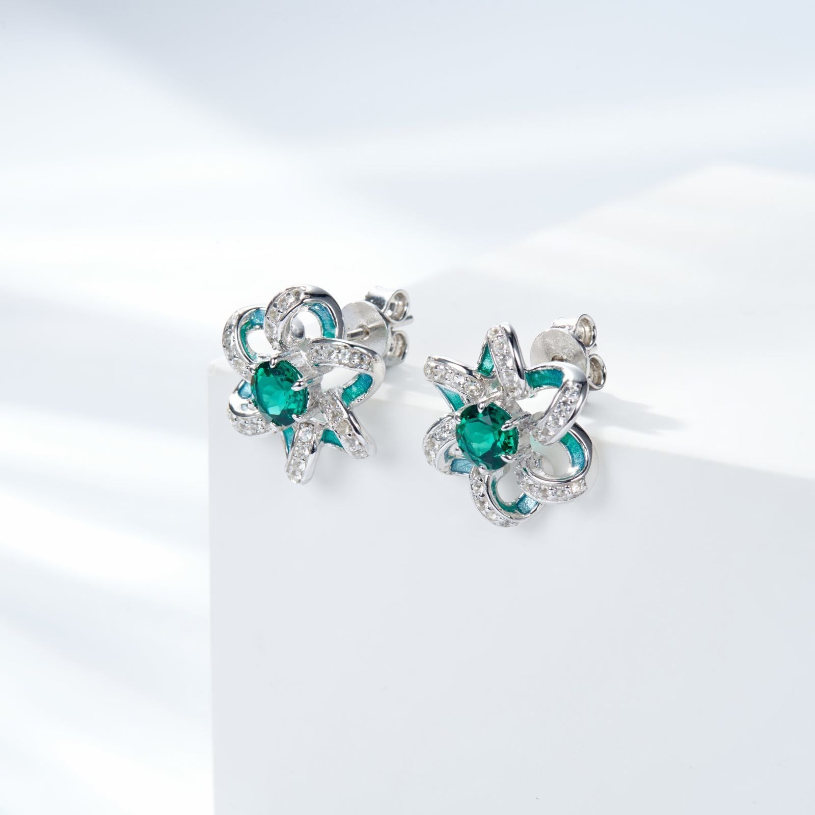 Green Topaz Enamel Flower Stud Earrings