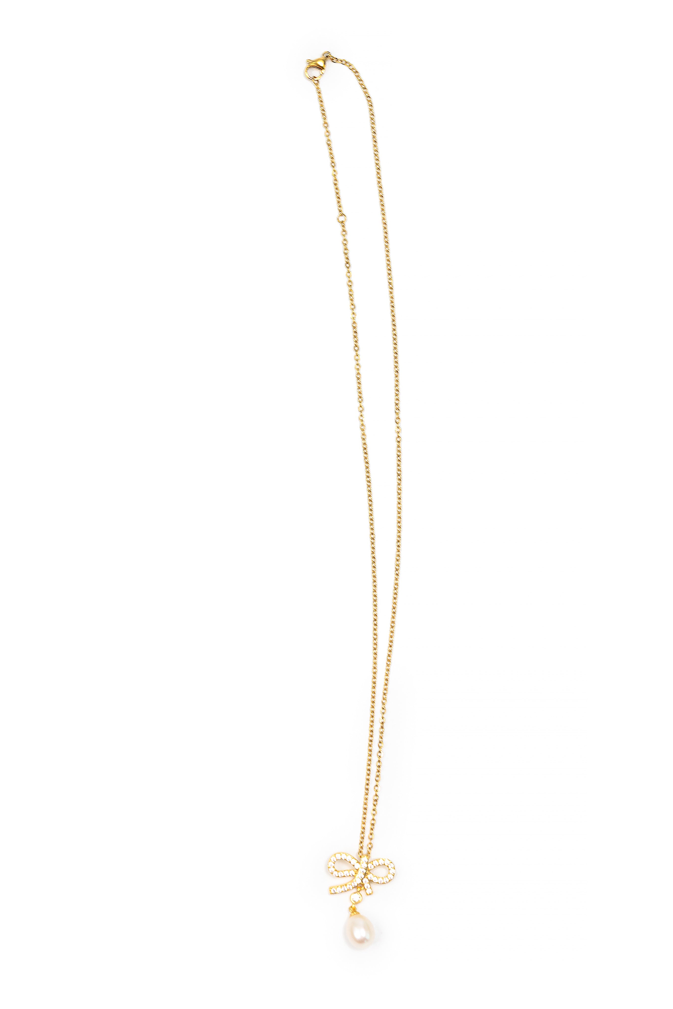 18K Gold Bow Necklace with Freshwater Pearl