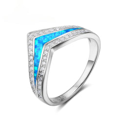 V Shape Princess Crown Blue Opal Zircon Sterling Silver Ring