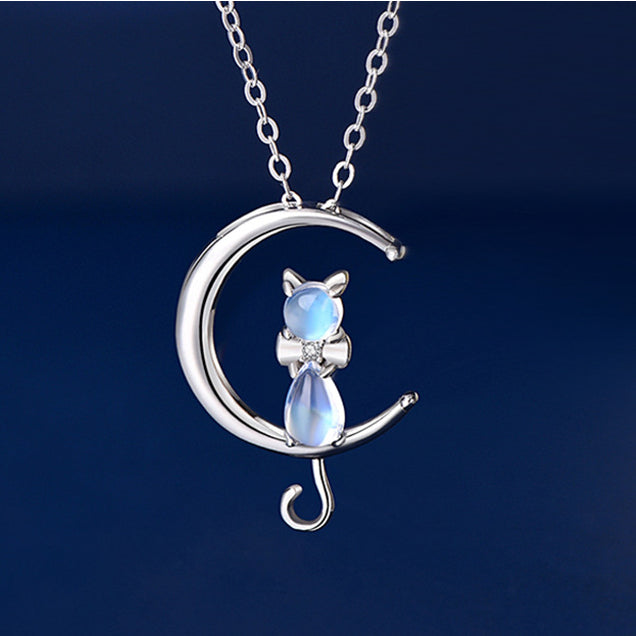 Opal Stone Kitten In Moon Silver Necklace for Women