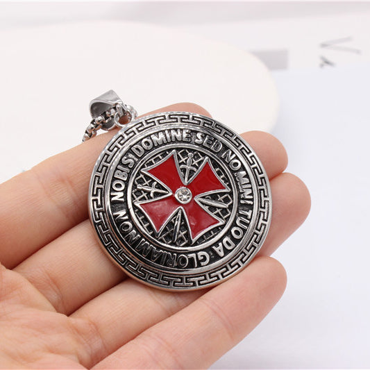 Red Teutonic Cross Round Shield Titanium Steel Pendant for Men