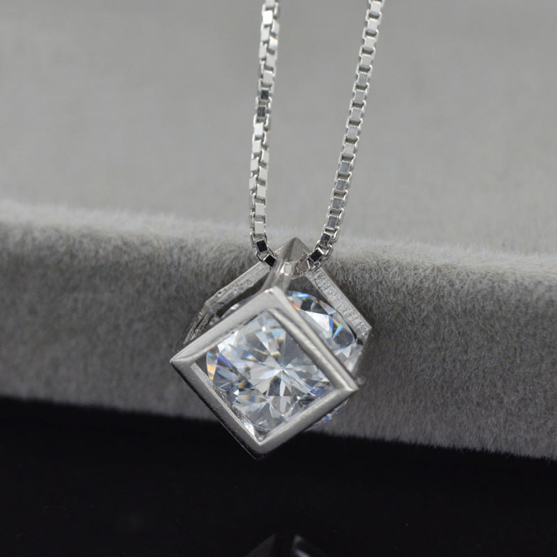 (Pendant Only)  Cube with Zircon Silver Pendant  for Women