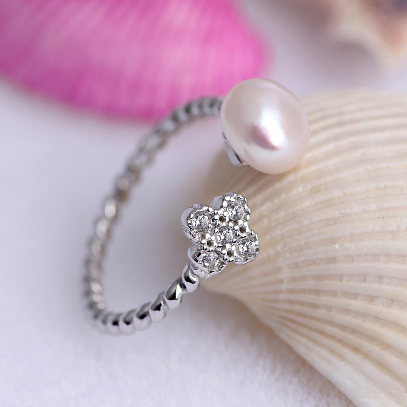 Zircon Lucky Clover with Pearl Opening Silver Ring