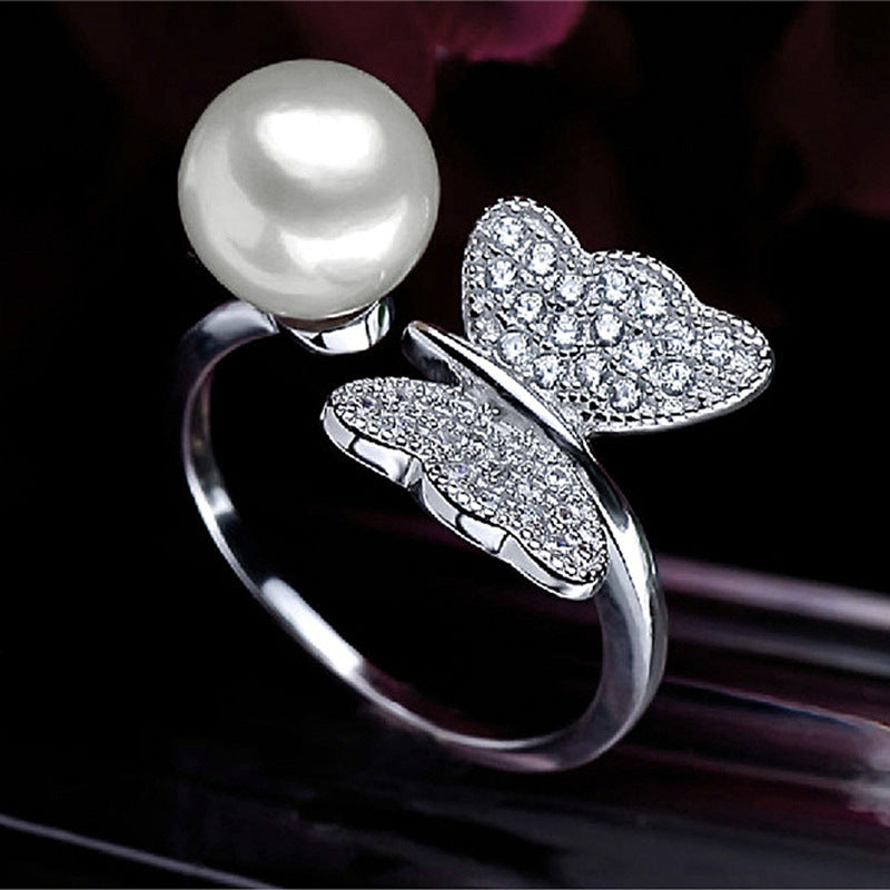 Zircon Butterfly with Freshwater Pearl Silver Ring