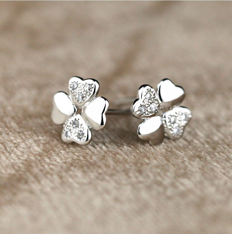 Four-leaf Clover with Zircon Silver Studs Earrings for Women