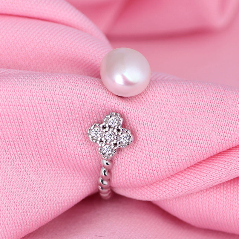 Zircon Lucky Clover with Pearl Opening Silver Ring