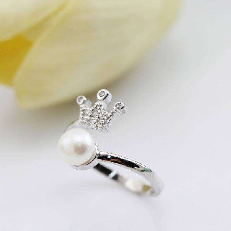 Zircon Crown with Freshwater Pearl Silver Ring