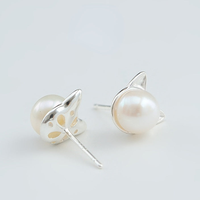 Pearl Little Cat Silver Stud Earrings for Women