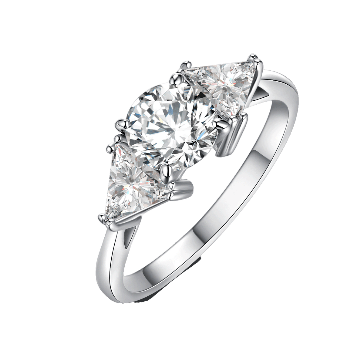 Round and Triangle Moissanite Three Stone Engagement Ring