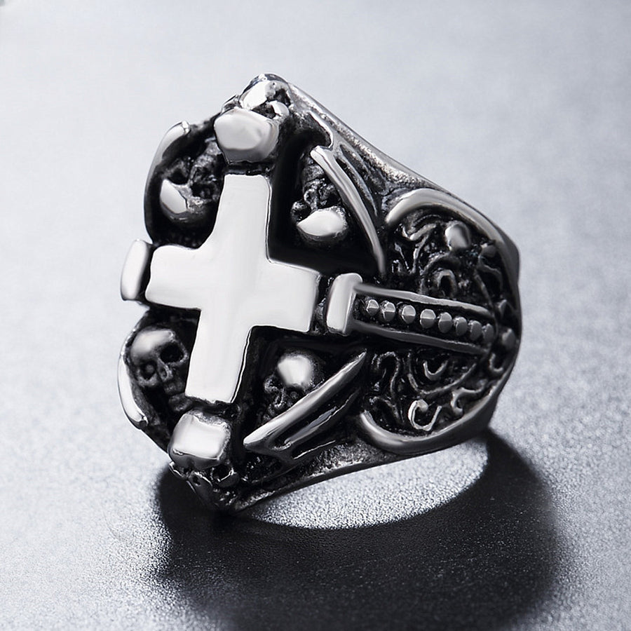 Halloween Skull Shield Greek Cross Titanium Steel Ring for Men