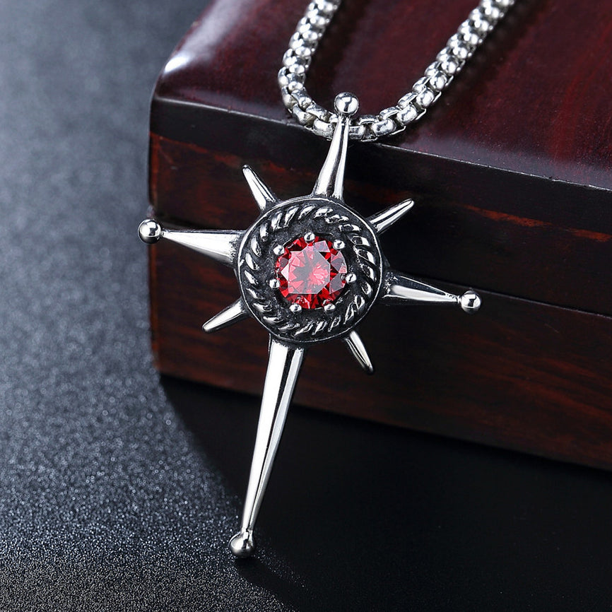 Red Zircon Sun Cross Titanium Steel Pendant for Men