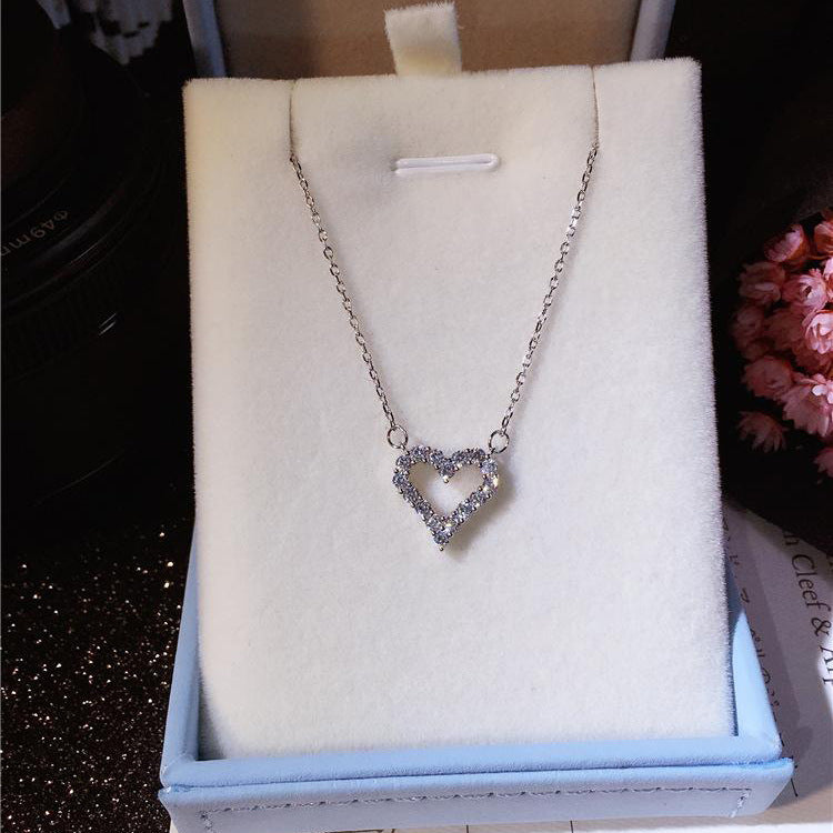 Valentine's Day Gift Zircon Hollow Heart Pendant Silver Necklace for Women