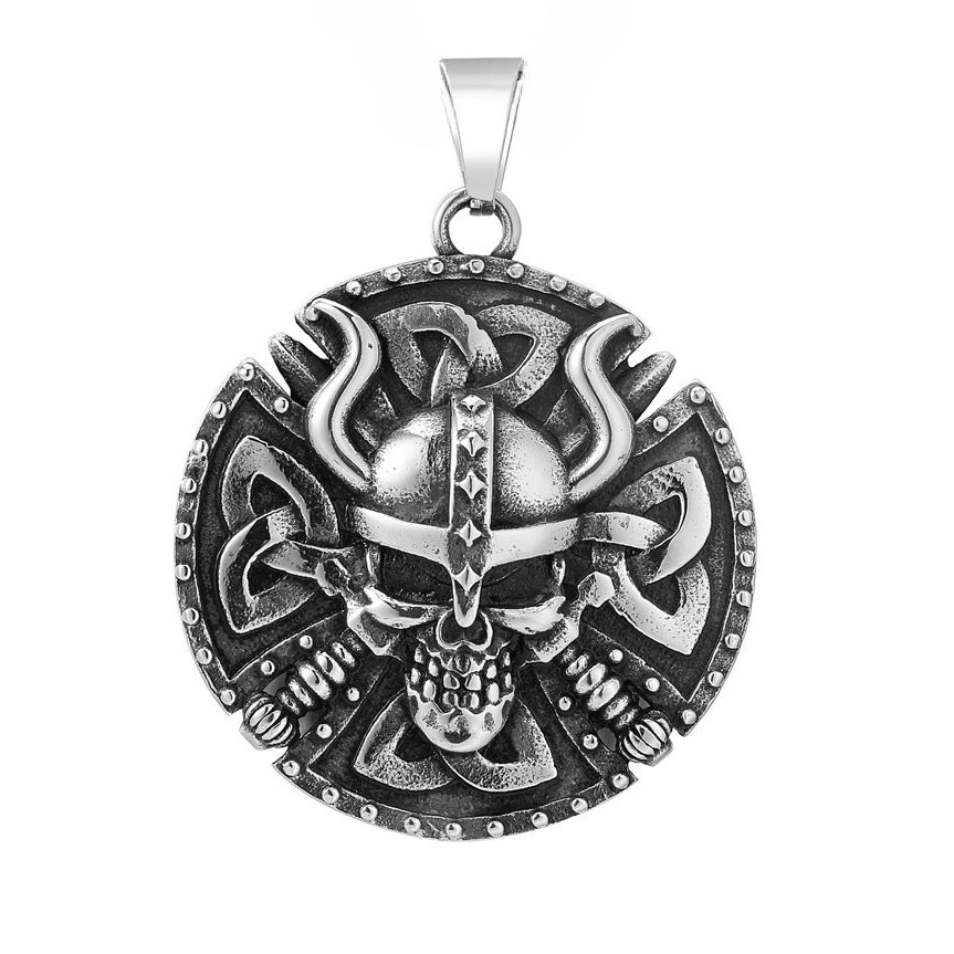 Halloween Viking Skull Warrior Round Titanium Steel Pendant for Men