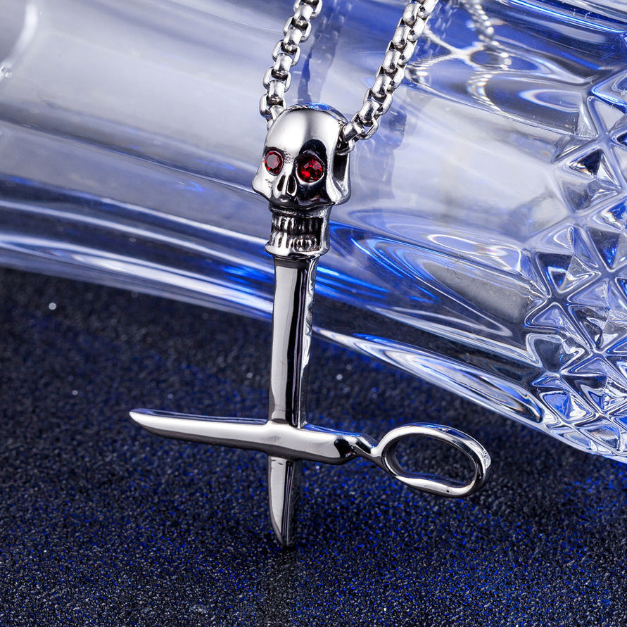 Halloween Skull Cross Scissors Zircon Titanium Steel Necklace for Men