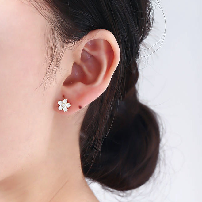 White Flower with Zircon Silver Studs Earrings for Women
