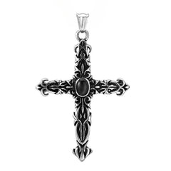 Latin Cross Flower Oval Black Stone Titanium Steel Pendant for Men