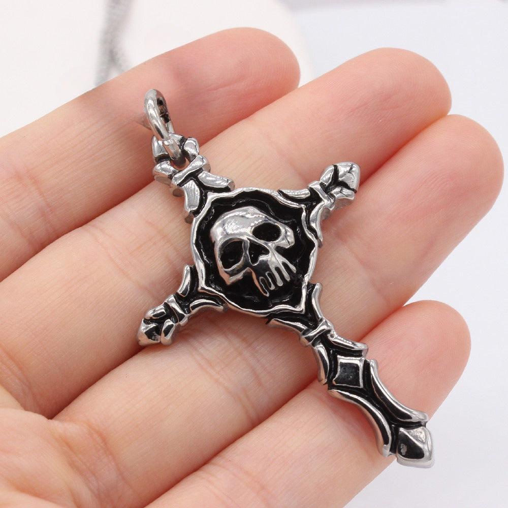 Halloween Skeleton Head Cross Titanium Steel Pendant for Men