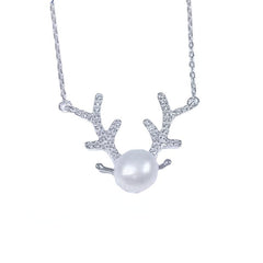 Zircon Antler with Pearl Pendant Silver Necklace for Women