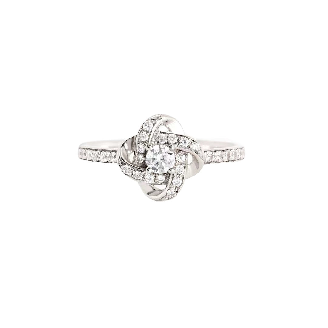 Round Zircon Four Leaf Windmill Opening Sterling Silver Ring