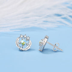 Blue Crystal Feather Circle Silver Studs Earrings  for Women