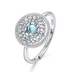 Zircon Disc Round Natural Blue Topaz Opening Sterling Silver Ring