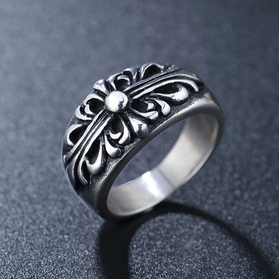 Long Cross Flower Wide Titanium Steel Ring for Men