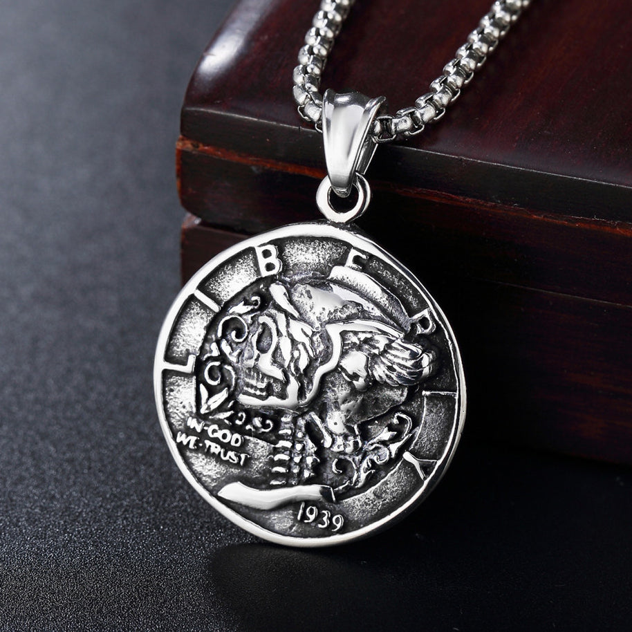 Halloween Skull 1939 Round Pendant Titanium Steel Necklace for Men