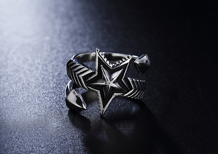Vintage Distressed Five-Pointed Star Titanium Steel Ring for Men