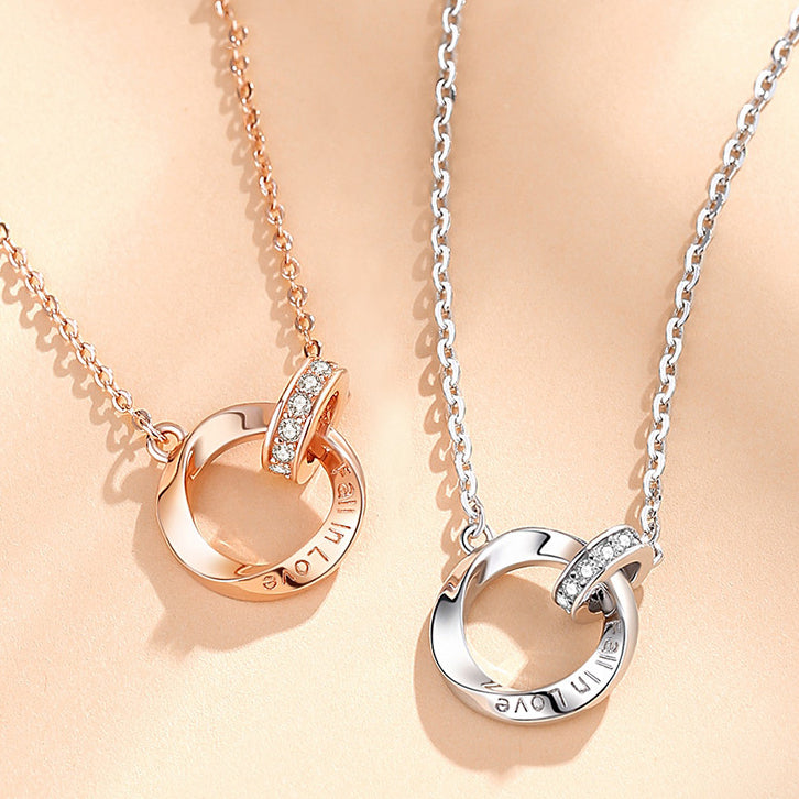 Double Circle with Zircon Pendant Silver Necklace for Women