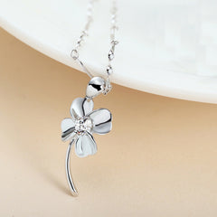 (Pendant Only) Four Leaf Clover with Zircon Silver Pendant for Women