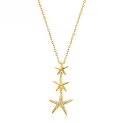 Three Starfish Pendant Zircon Sterling Silver Necklace