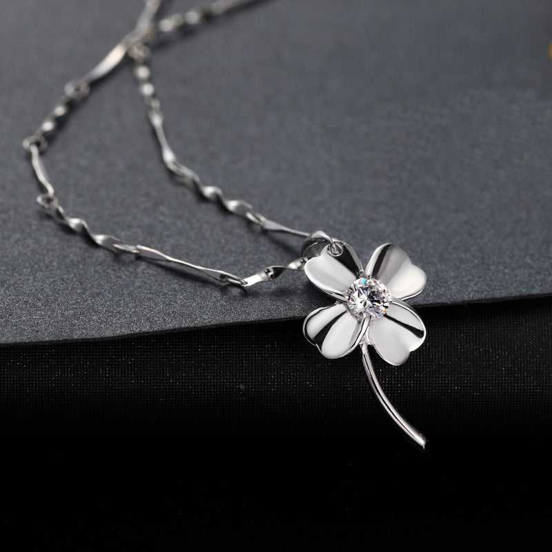 (Pendant Only) Four Leaf Clover with Zircon Silver Pendant for Women